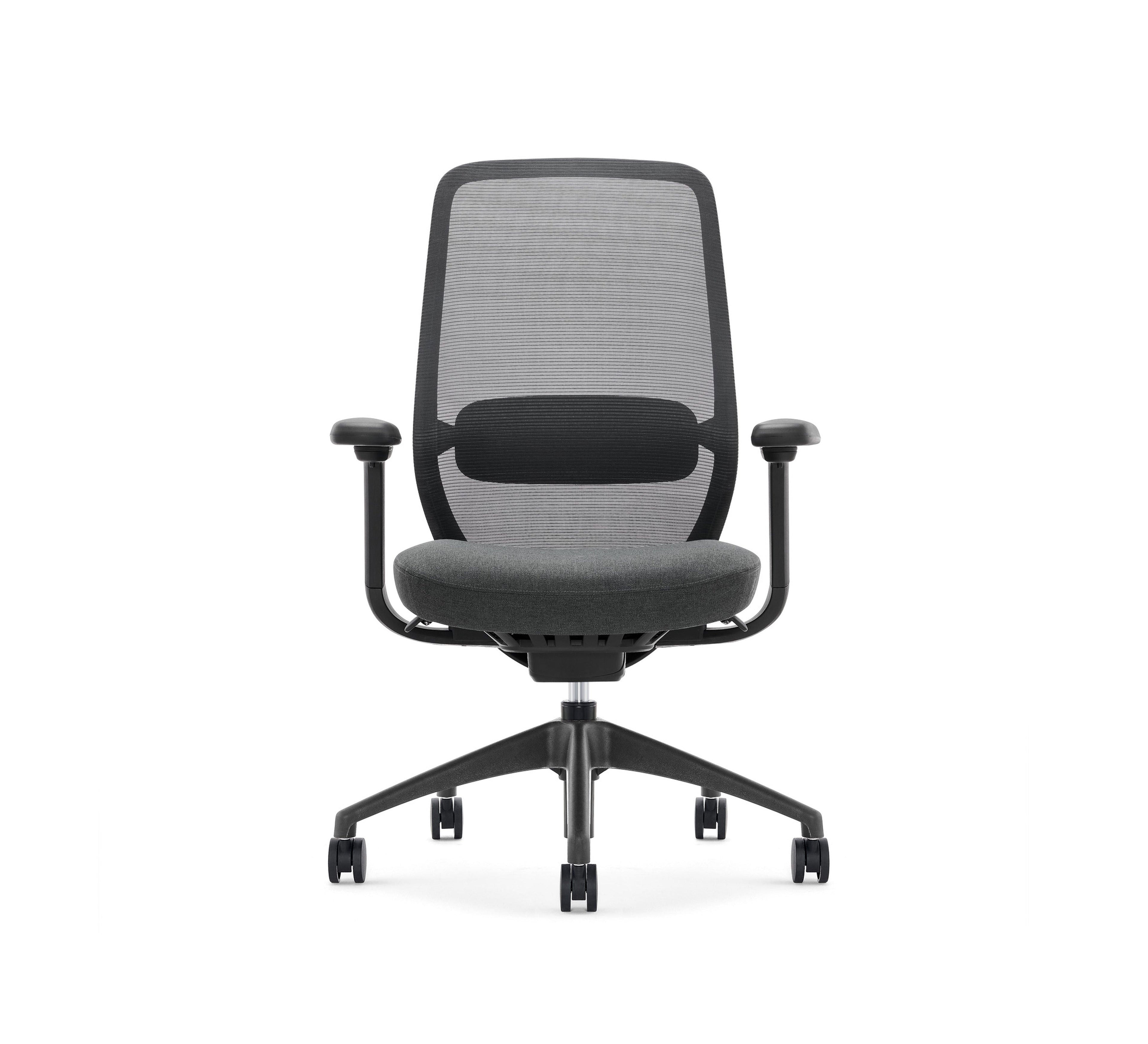 SitLab Harwood Premium task chair, front view with breathable mesh backrest and 4D armrests