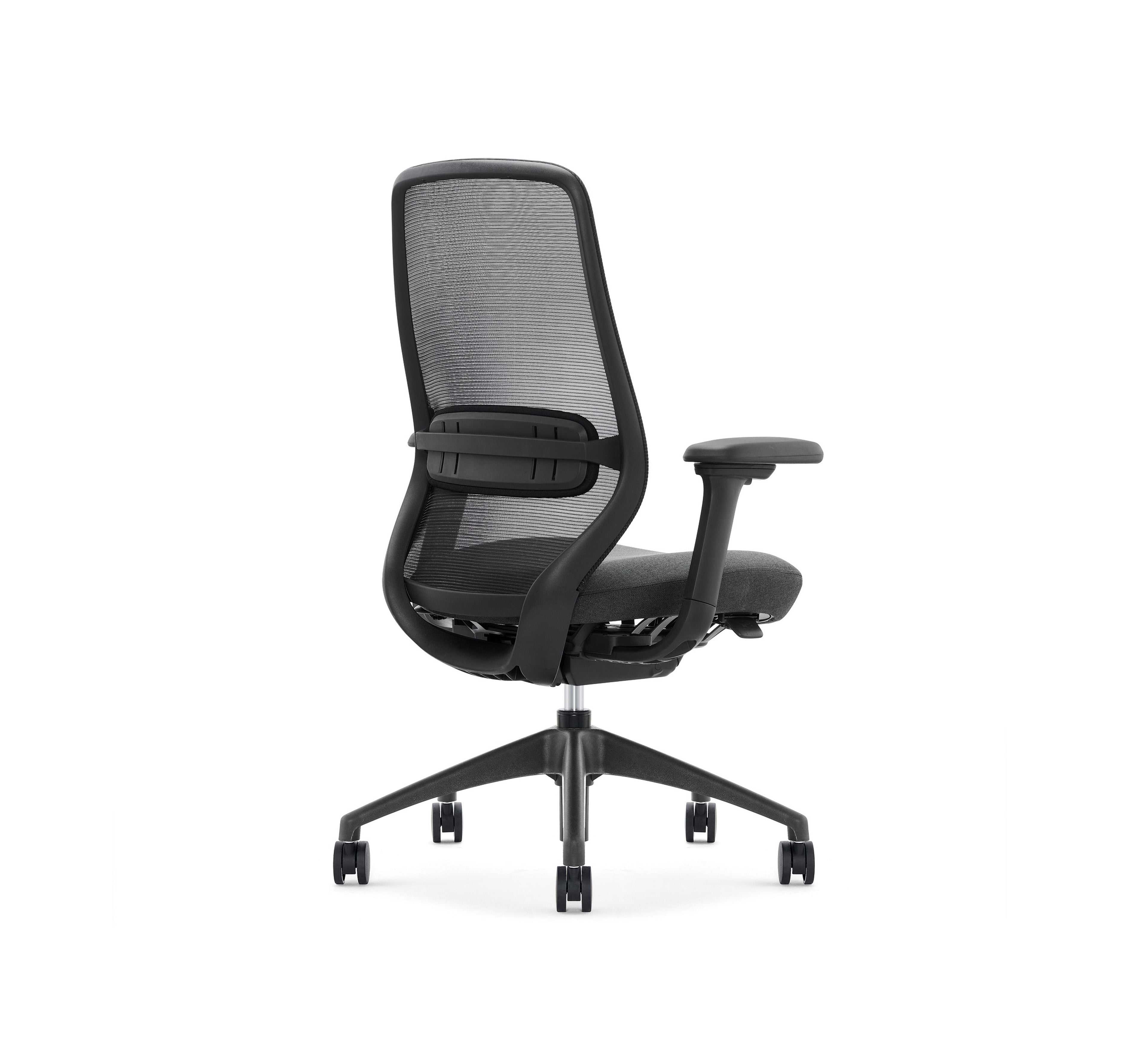 SitLab Harwood Premium task chair, three-quarter rear view showing the height-adjustable lumbar support