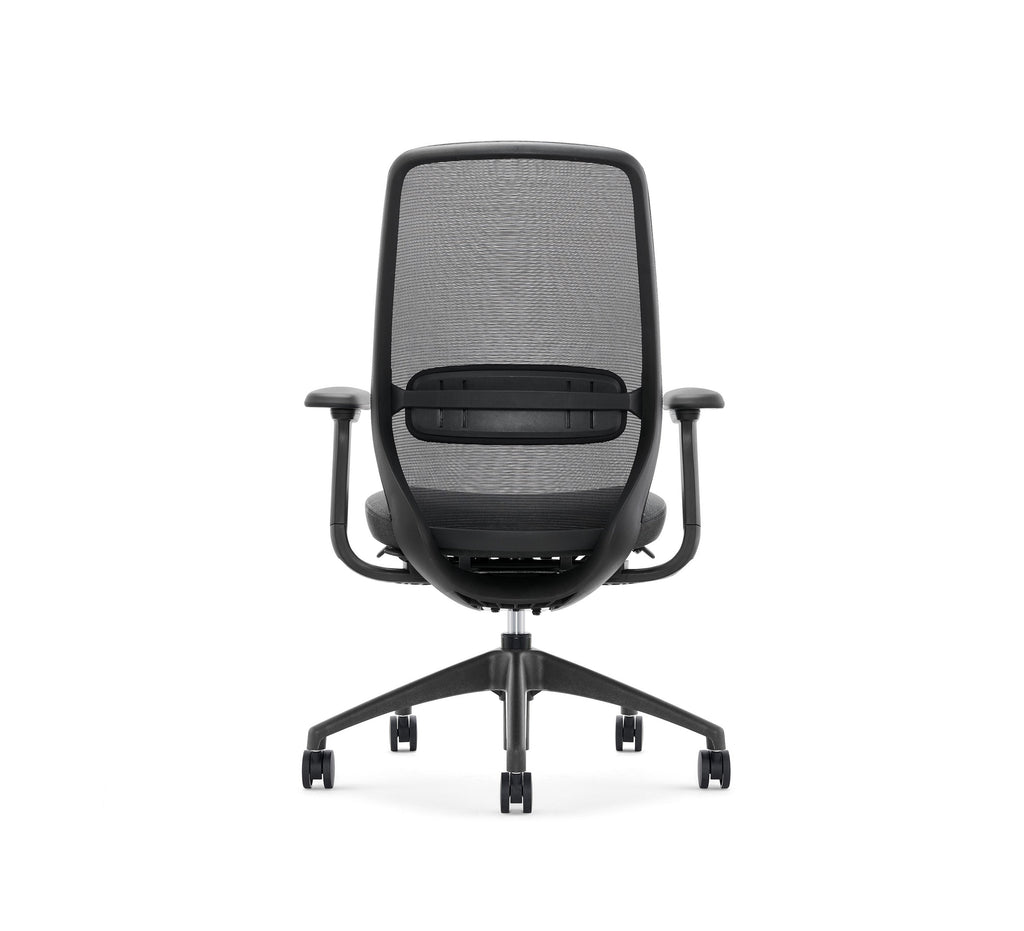 SitLab Harwood Premium task chair, rear view of the mesh backrest and lumbar support bar