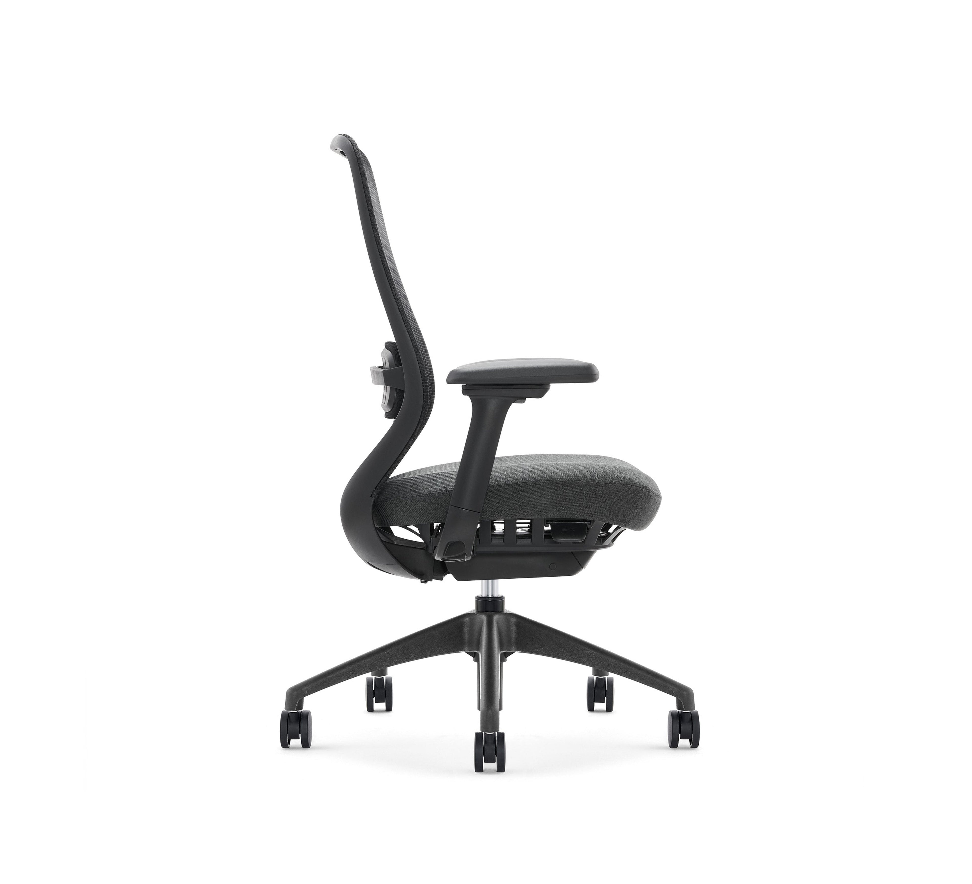 SitLab Harwood Premium task chair, side profile showing seat depth and armrest adjustment